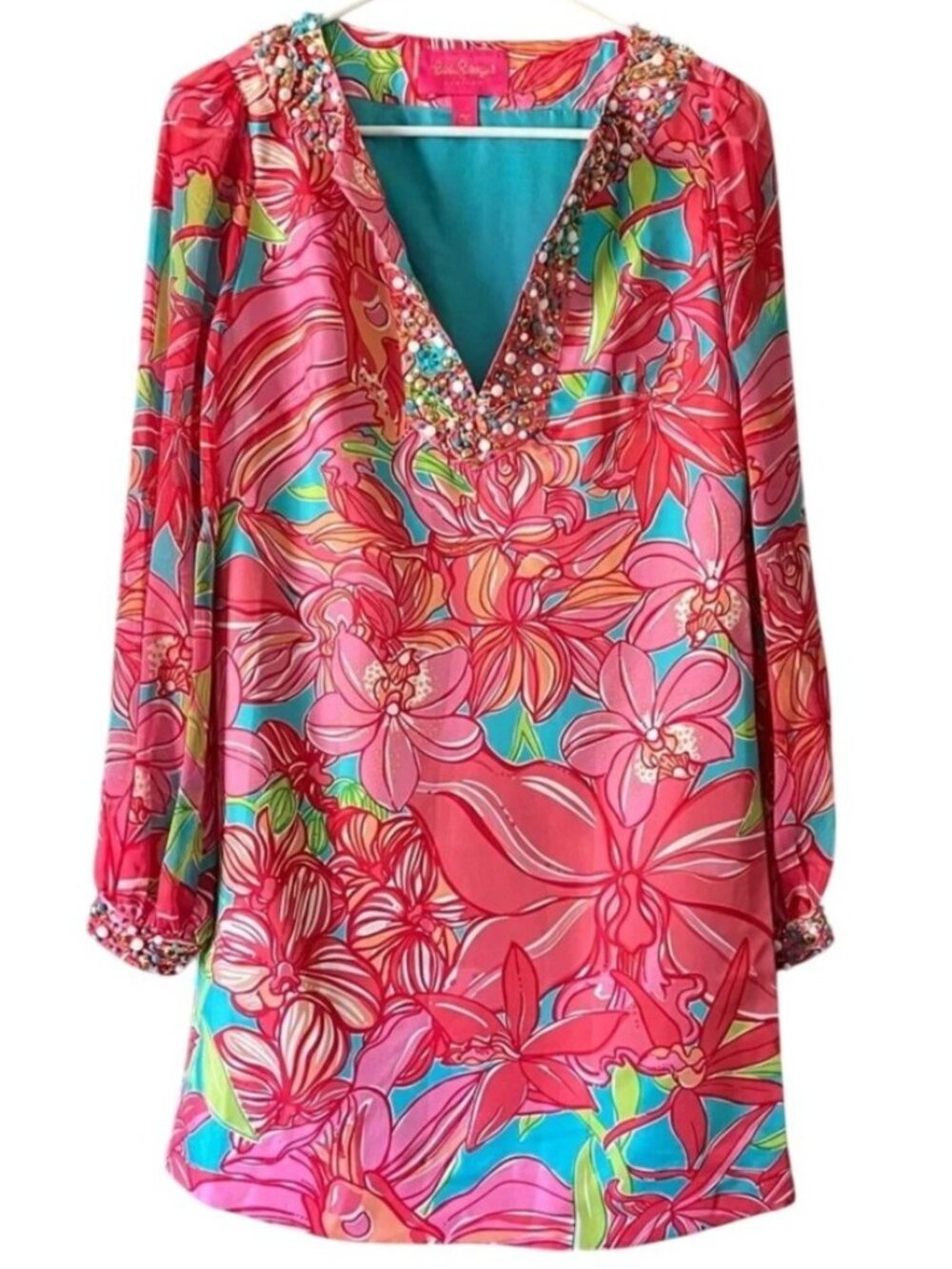 Lilly Pulitzer JUBILEE Seamus Dress Size 2 100% Silk Beaded Sheer Sleeves